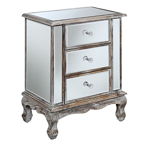 Convenience Concepts Gold Coast Vineyard Mirrored End Table 19" - Living Room Table with 3 Drawers for Storage, Nightstand Side Table, Weathered White/Mirror