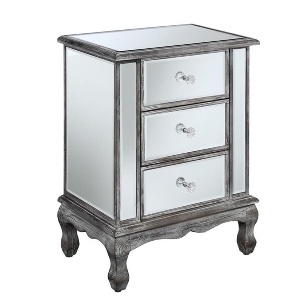 Convenience Concepts Gold Coast Vineyard Mirrored End Table 19" - Living Room Table with 3 Drawers for Storage, Nightstand Side Table, Weathered White/Mirror