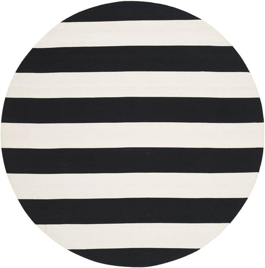 SAFAVIEH Montauk Collection Area Rug - 4' Round, Black & Ivory, Handmade Flatweave Cotton, Woven Texture, Farmhouse Stripe Pattern, Ideal for Living Room, Foyer, Bedroom, Dining Space (MTK712D)