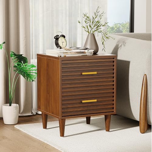 Alohappy Nightstands Set of 2, Mid Century Modern Night Stands, Fluted Bedside Table for Bedroom, Side End Table with Storage Drawers, Vintage Wood Accent Table for Living Room, Brown 2pcs