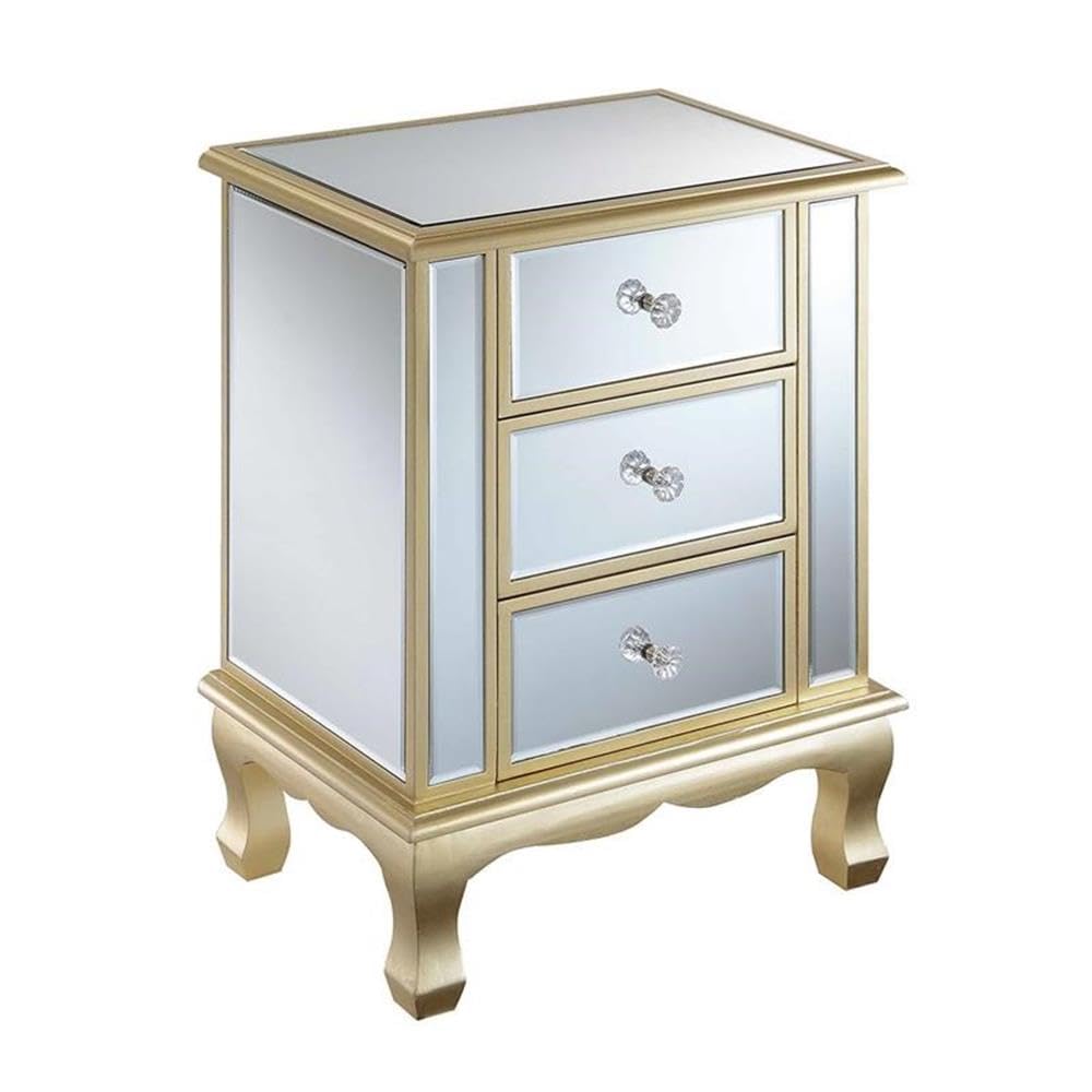 Convenience Concepts Gold Coast Vineyard Mirrored End Table 19" - Living Room Table with 3 Drawers for Storage, Nightstand Side Table, Weathered White/Mirror