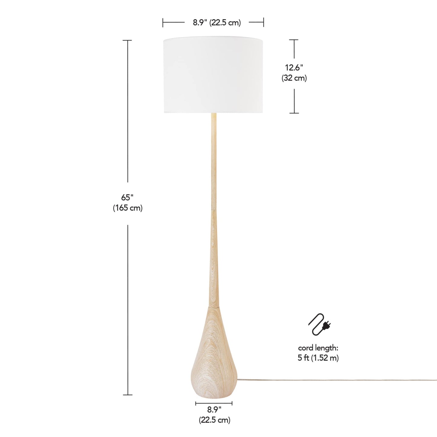 GLOBE Electric Novogratz x Harrington 65" Floor Lamp, 2-Tone Faux Wood Base, White Fabric Shade, Socket Rotary Switch 67225
