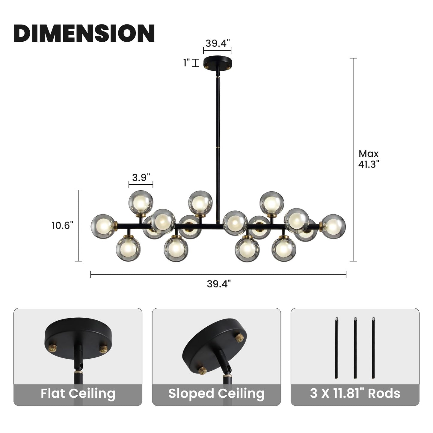 CROSSIO Modern Linear Chandeliers Black 16 Lights Pendant Light Fixtures Bubble Glass Chandelier Mid Century Sputnik Chandelier for Kitchen Island Dining Room