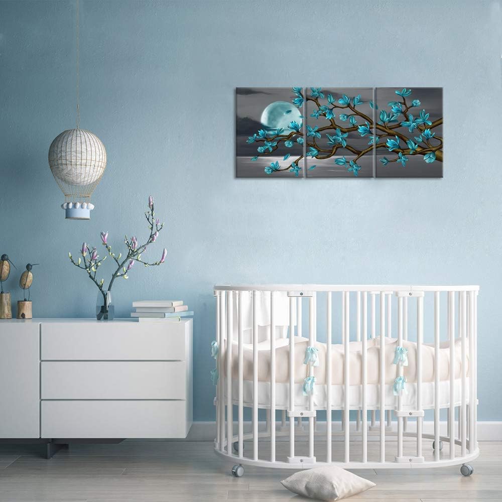 Visual Art Decor Turquoise Flowers Wall Art Teal Magnolia Full Moon Sea Seascape Canvas Prints, Framed Art, Turquoise Bedroom Living Room Home Office Decoration 3 Pieces