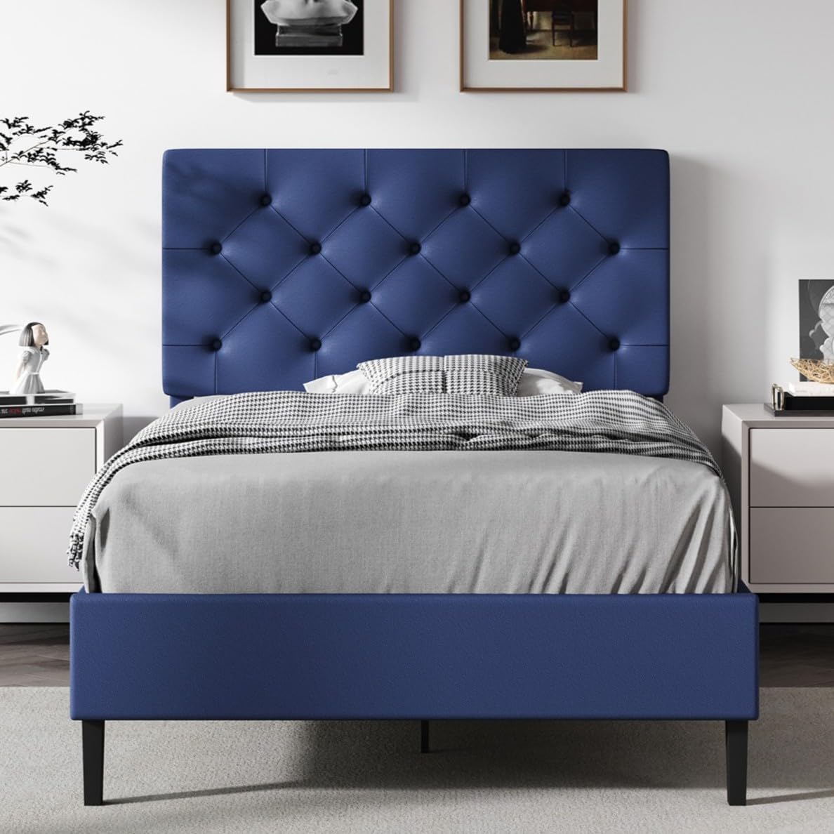 Queen Bed Frame with Headboard, Faux Leather Upholstered Platform Bed Frame, Blue Bed Frame Queen Size, Wooden Slat Support, No Box Spring Needed, Navy Blue