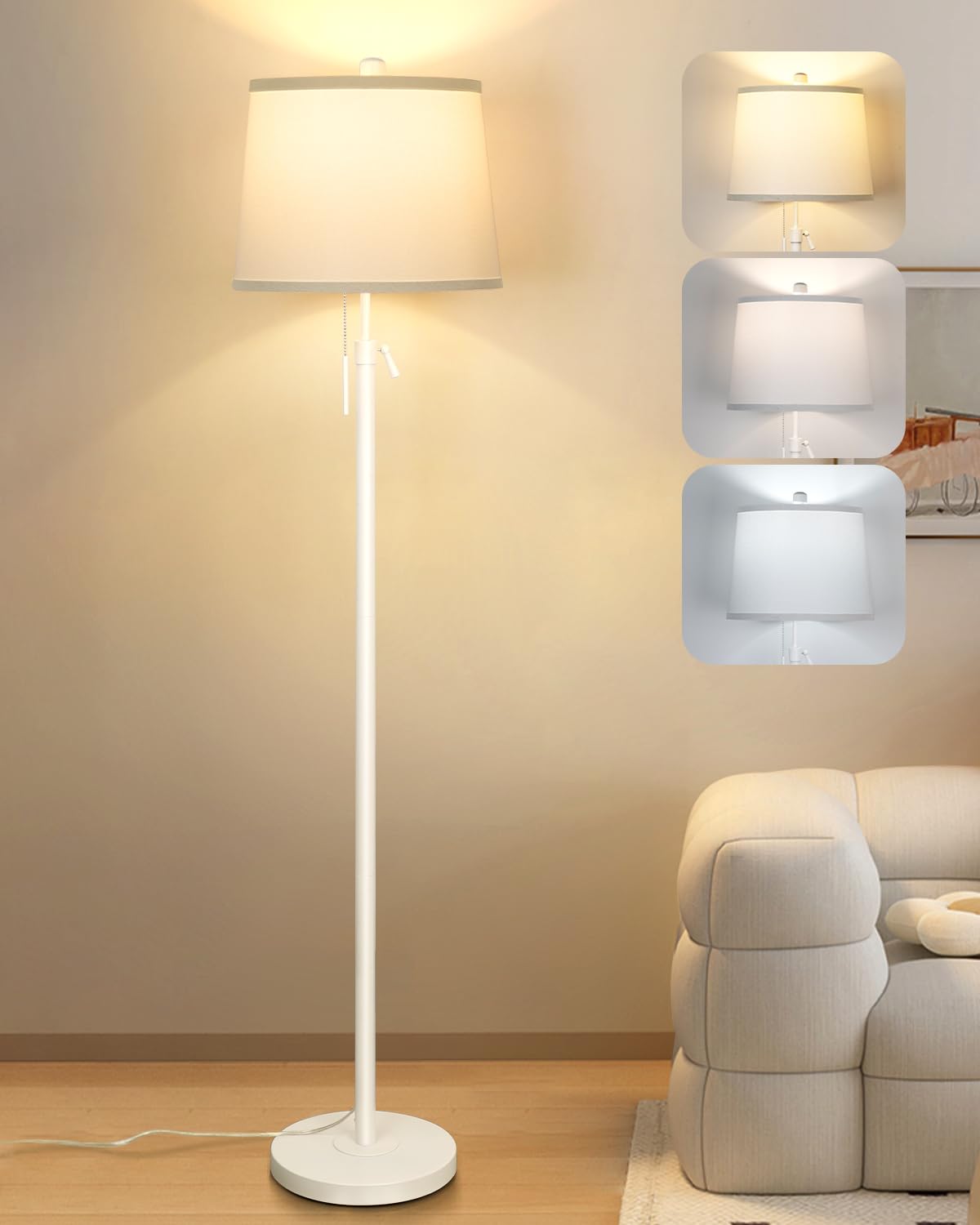 Floor Lamp for Living Room,Adjustable Height Standing Lamp,Dimmable Modern Floor Lamps for Bedroom Office Tall Floor Lights with Pull Chain Bulb Included-Silver Gray Shade