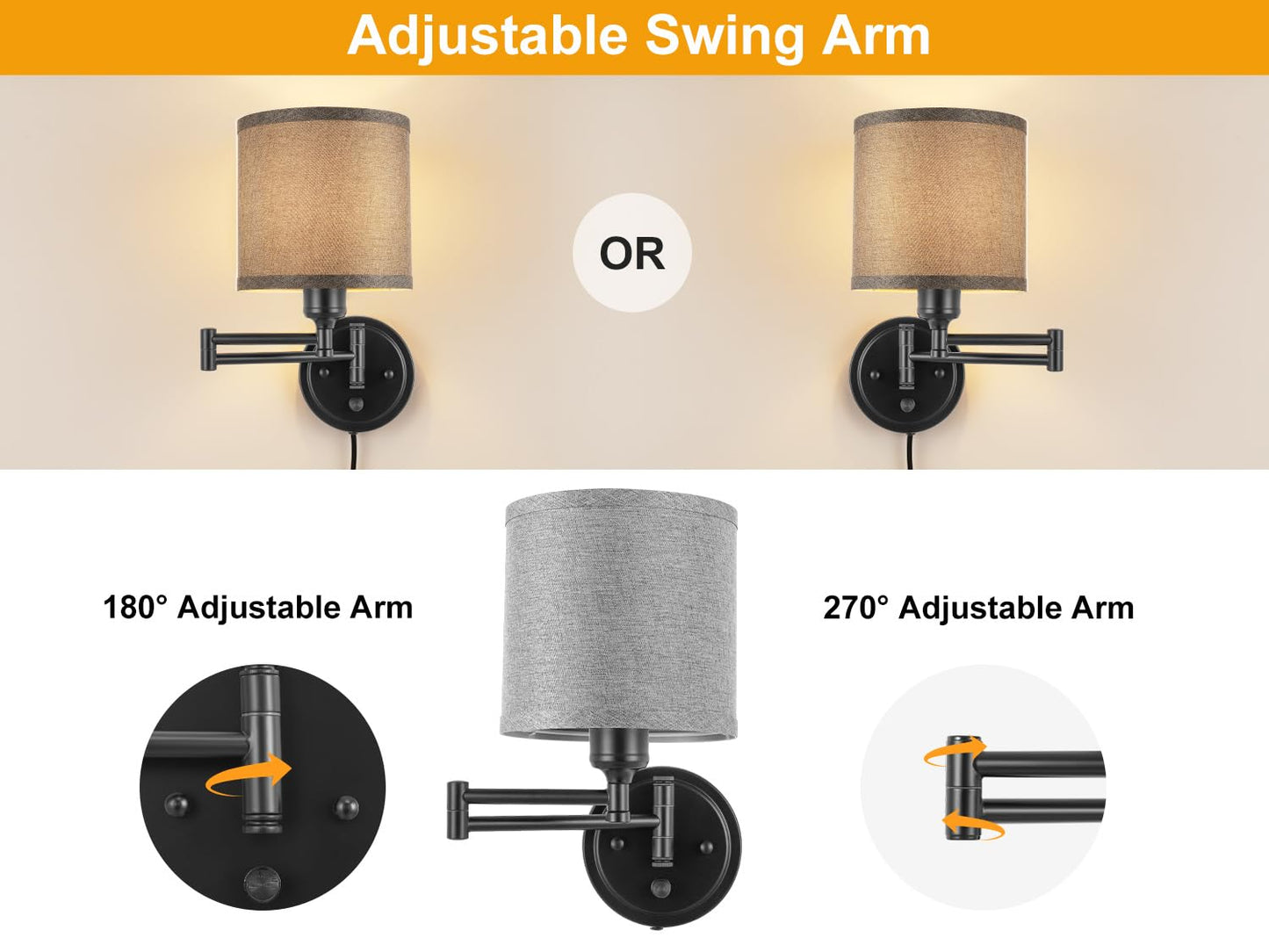 Plug in Wall Sconces with Remote Control, Dimming 10%-100% & Adjustable Colors 2700K-6500K, Hardwire or Plug-in, Swing Arm Wall Lamp with Linen Fabric Shade, Wall Sconces Set of Two, Black Finish