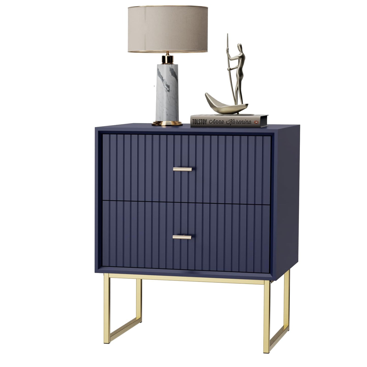 UEV Navy Blue Nightstand Set of 2,Modern Grooved Stripes Bed Side Table with 2 Drawers,Wood End Table with Golden Metal Handles and Pedestal Frame for Bedroom Living Room