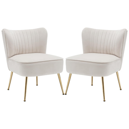 ABET Accent Chairs Set of 2, Velvet Armless Living Room Chairs with Tufted Wingback Thicken Cushion Gold Metal Legs, Comfy Upholstered Side Chairs Slipper Chairs Club Chairs for Bedroom, Beige