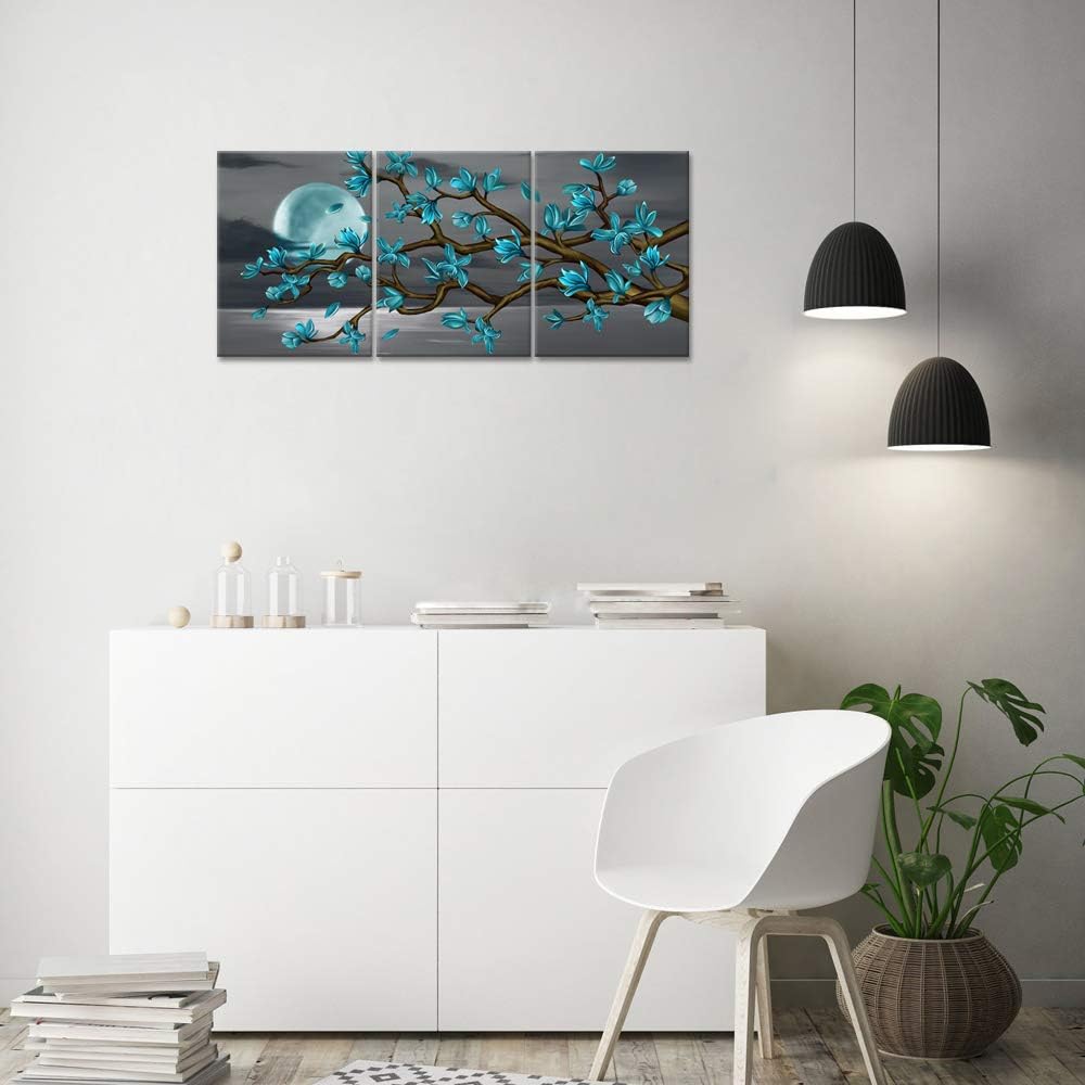 Visual Art Decor Turquoise Flowers Wall Art Teal Magnolia Full Moon Sea Seascape Canvas Prints, Framed Art, Turquoise Bedroom Living Room Home Office Decoration 3 Pieces
