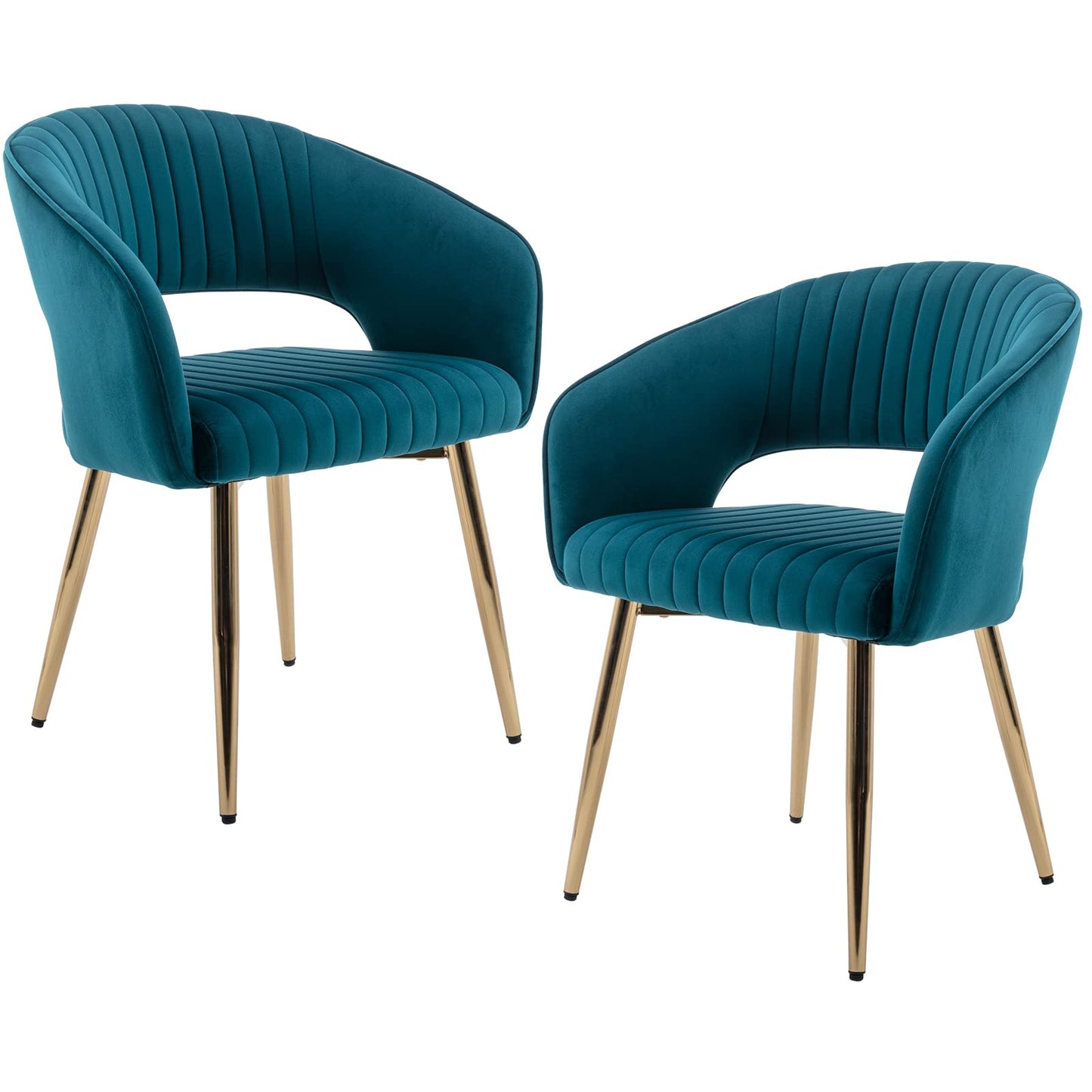 Modern Velvet Dining Chairs Set of 2, Upholstered Gold Dining Chairs with Hollow Back, Dining Room Chairs with Gold Legs, Accent Armrest Kitchen Chairs for Living Room Reception Teal Blue