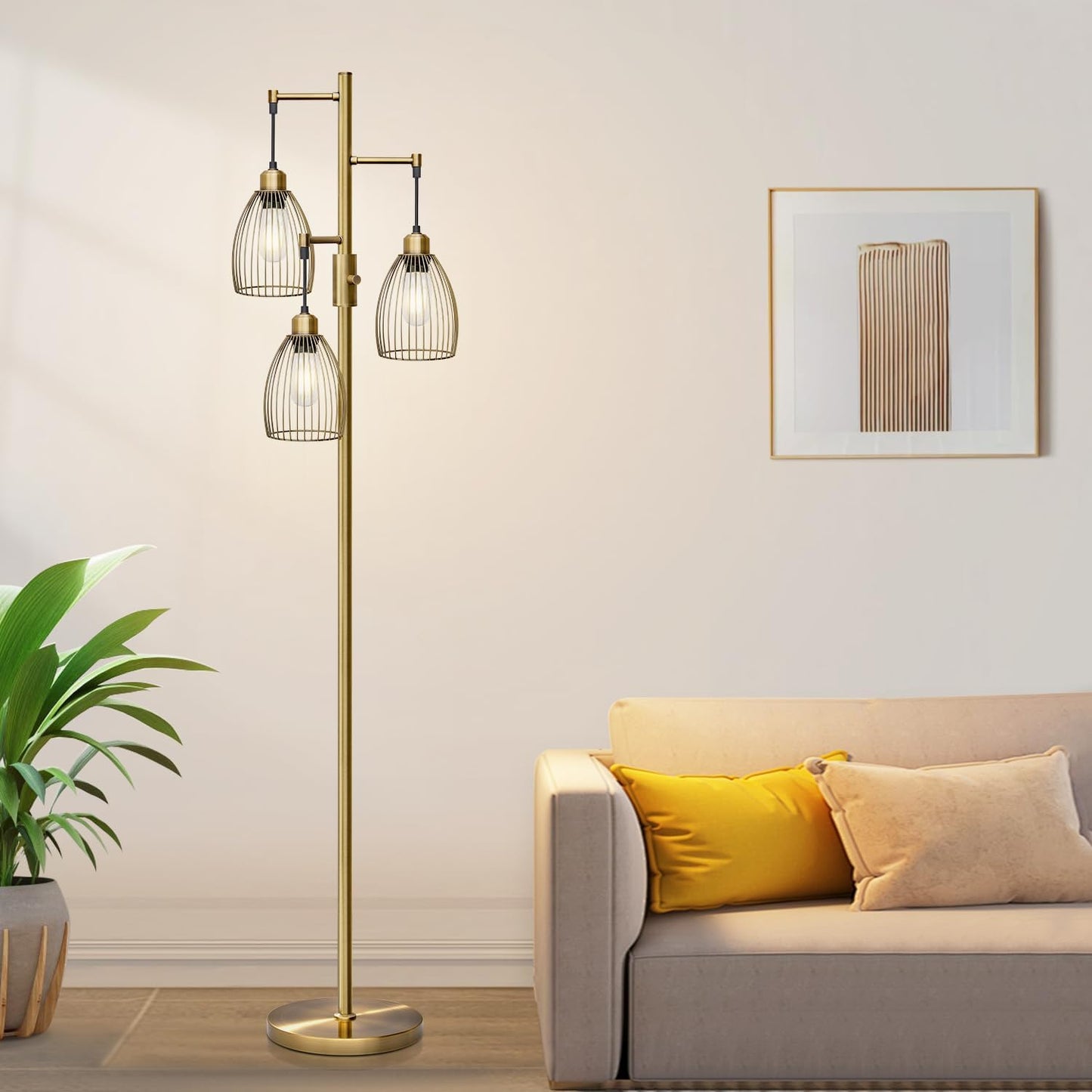 Dimmable Floor Lamp, 3 x 800LM LED Edison Bulbs Included, Farmhouse Industrial Floor Lamp Standing Tree Lamp with Elegant Teardrop Cage Tall Lamps for Living Room Bedroom Office Dining Room-Black