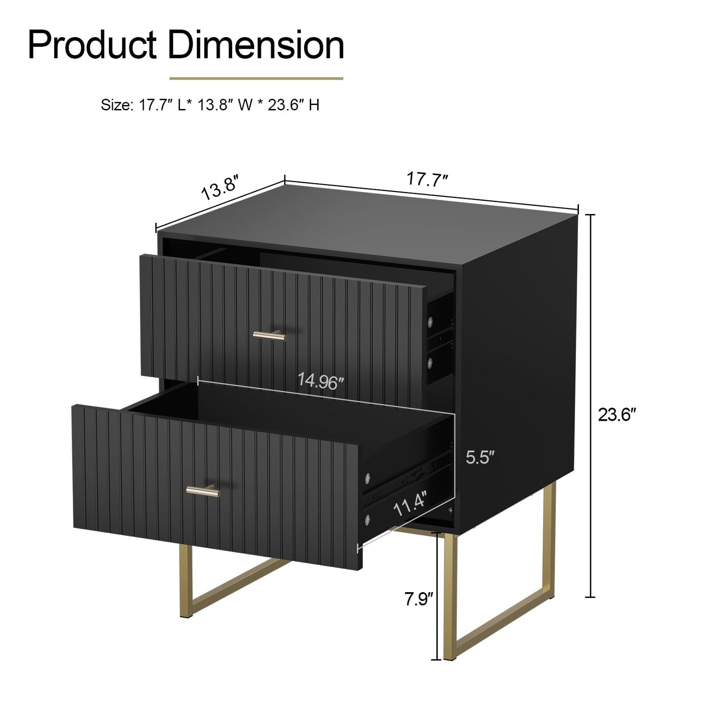 UEV Navy Blue Nightstand Set of 2,Modern Grooved Stripes Bed Side Table with 2 Drawers,Wood End Table with Golden Metal Handles and Pedestal Frame for Bedroom Living Room