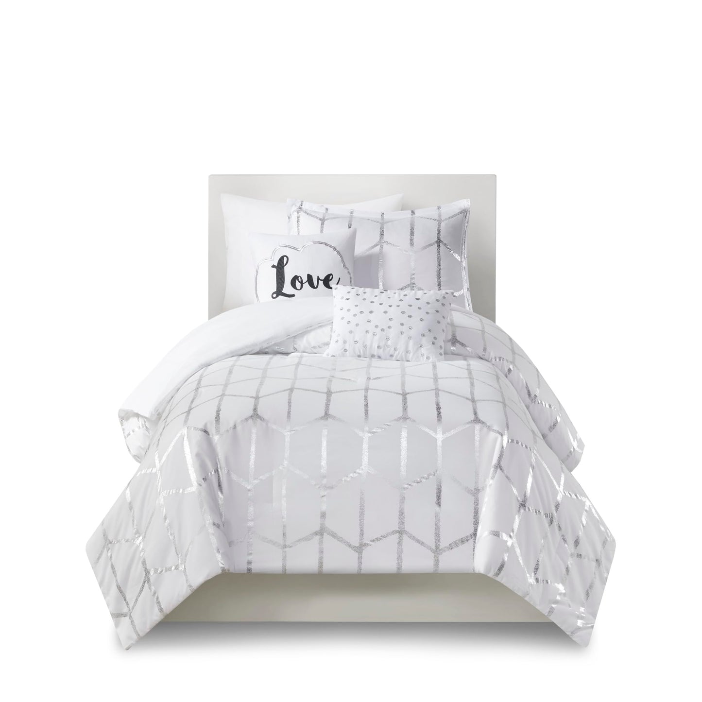 Intelligent Design, Soft Microfiber Comforter Modern Geometric Metallic Bed Set, Full/Queen, Grey/Silver