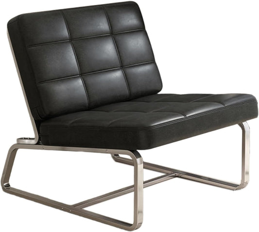 Comfortable Desk Chair no Wheels Oil Wax Leather Computer Chair with Sturdy Metal Frame Business Meeting Chairs with Reinforced Saddle-Style Backrest for Bedroom, Living Room, Offices(Black)