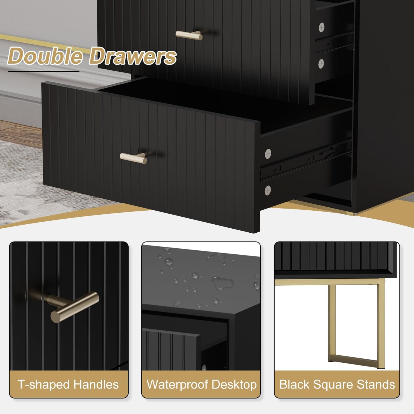 UEV Navy Blue Nightstand Set of 2,Modern Grooved Stripes Bed Side Table with 2 Drawers,Wood End Table with Golden Metal Handles and Pedestal Frame for Bedroom Living Room