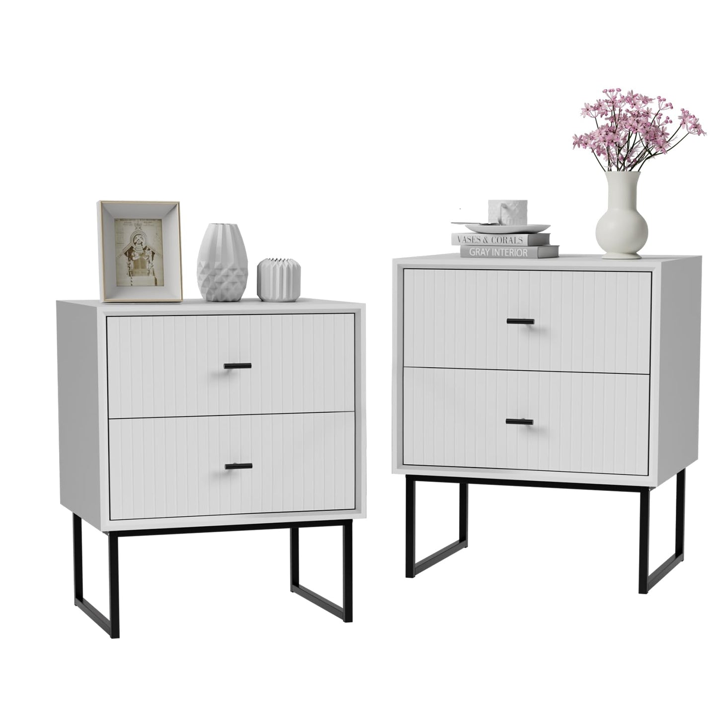UEV Navy Blue Nightstand Set of 2,Modern Grooved Stripes Bed Side Table with 2 Drawers,Wood End Table with Golden Metal Handles and Pedestal Frame for Bedroom Living Room