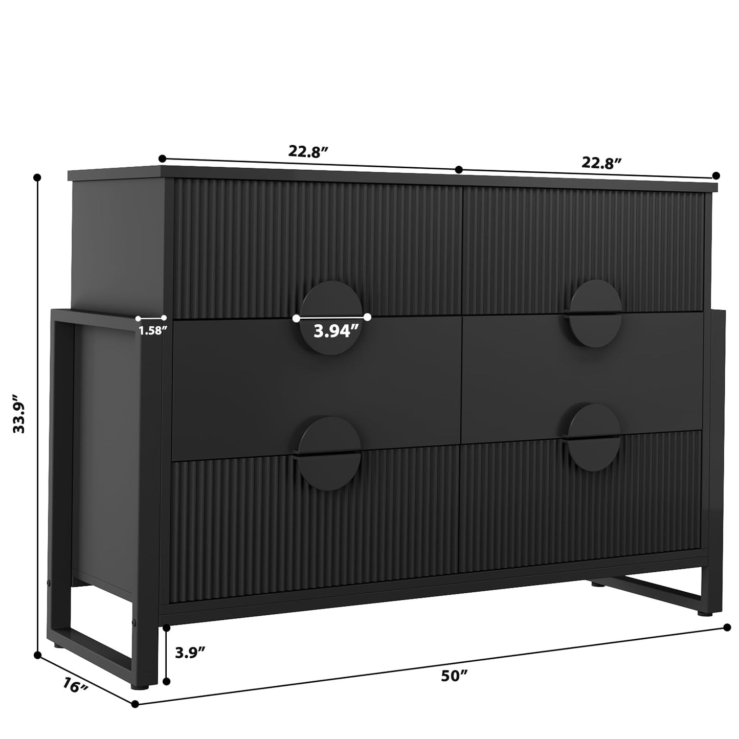 LGHM Fluted Gray Dresser for Bedroom, 50" Wide Chest of Drawers, Modern 6 Deep Drawers Dresser with Raised H Legs -Curved Profile Design, Easy Round Handles for Bedroom,Livingroom, Hallway, Gray