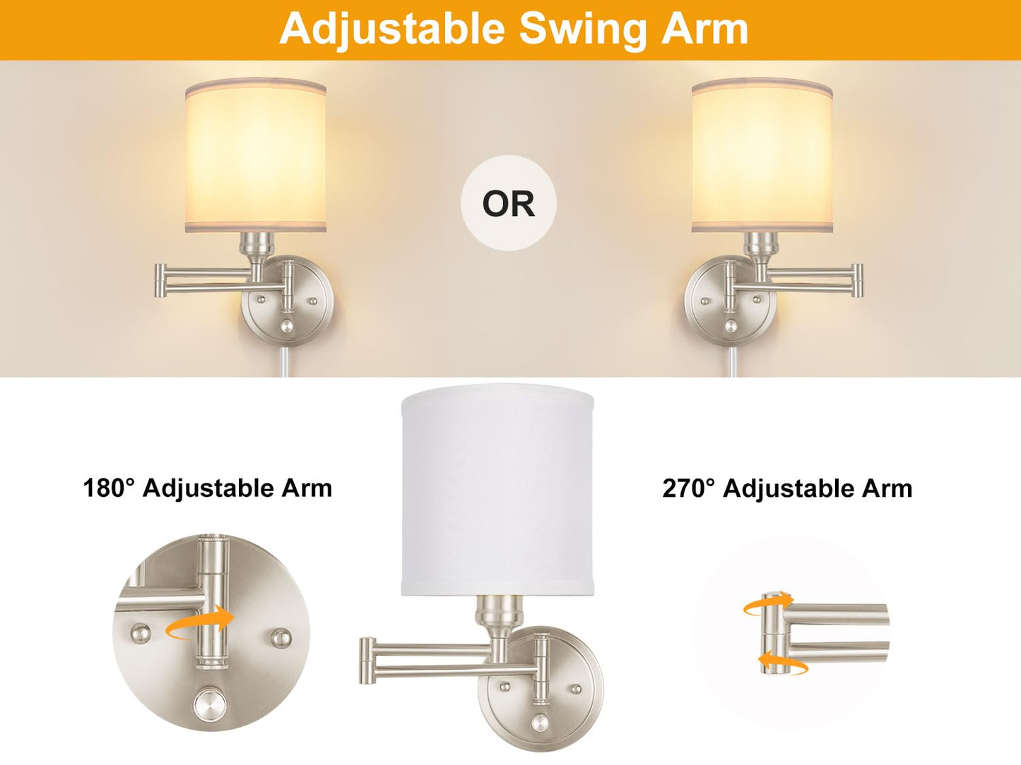 Plug in Wall Sconces with Remote Control, Dimming 10%-100% & Adjustable Colors 2700K-6500K, Hardwire or Plug-in, Swing Arm Wall Lamp with Linen Fabric Shade, Wall Sconces Set of Two, Black Finish