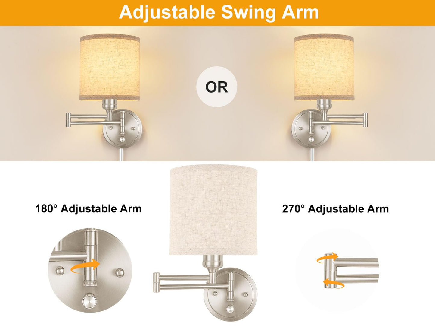 Plug in Wall Sconces with Remote Control, Dimming 10%-100% & Adjustable Colors 2700K-6500K, Hardwire or Plug-in, Swing Arm Wall Lamp with Linen Fabric Shade, Wall Sconces Set of Two, Black Finish