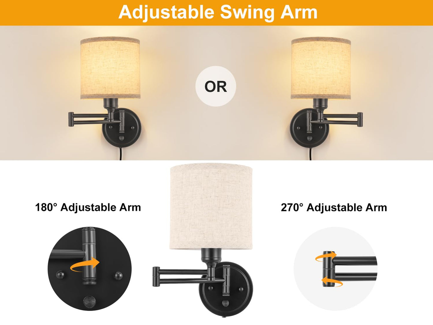 Plug in Wall Sconces with Remote Control, Dimming 10%-100% & Adjustable Colors 2700K-6500K, Hardwire or Plug-in, Swing Arm Wall Lamp with Linen Fabric Shade, Wall Sconces Set of Two, Black Finish