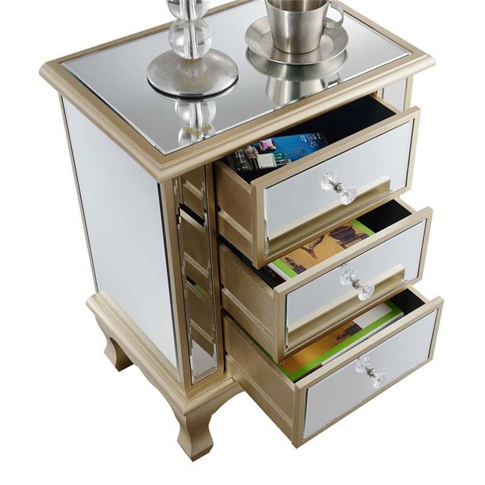 Convenience Concepts Gold Coast Vineyard Mirrored End Table 19" - Living Room Table with 3 Drawers for Storage, Nightstand Side Table, Weathered White/Mirror