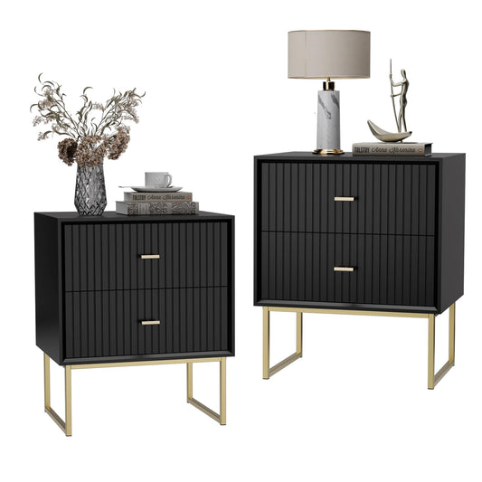 UEV Navy Blue Nightstand Set of 2,Modern Grooved Stripes Bed Side Table with 2 Drawers,Wood End Table with Golden Metal Handles and Pedestal Frame for Bedroom Living Room