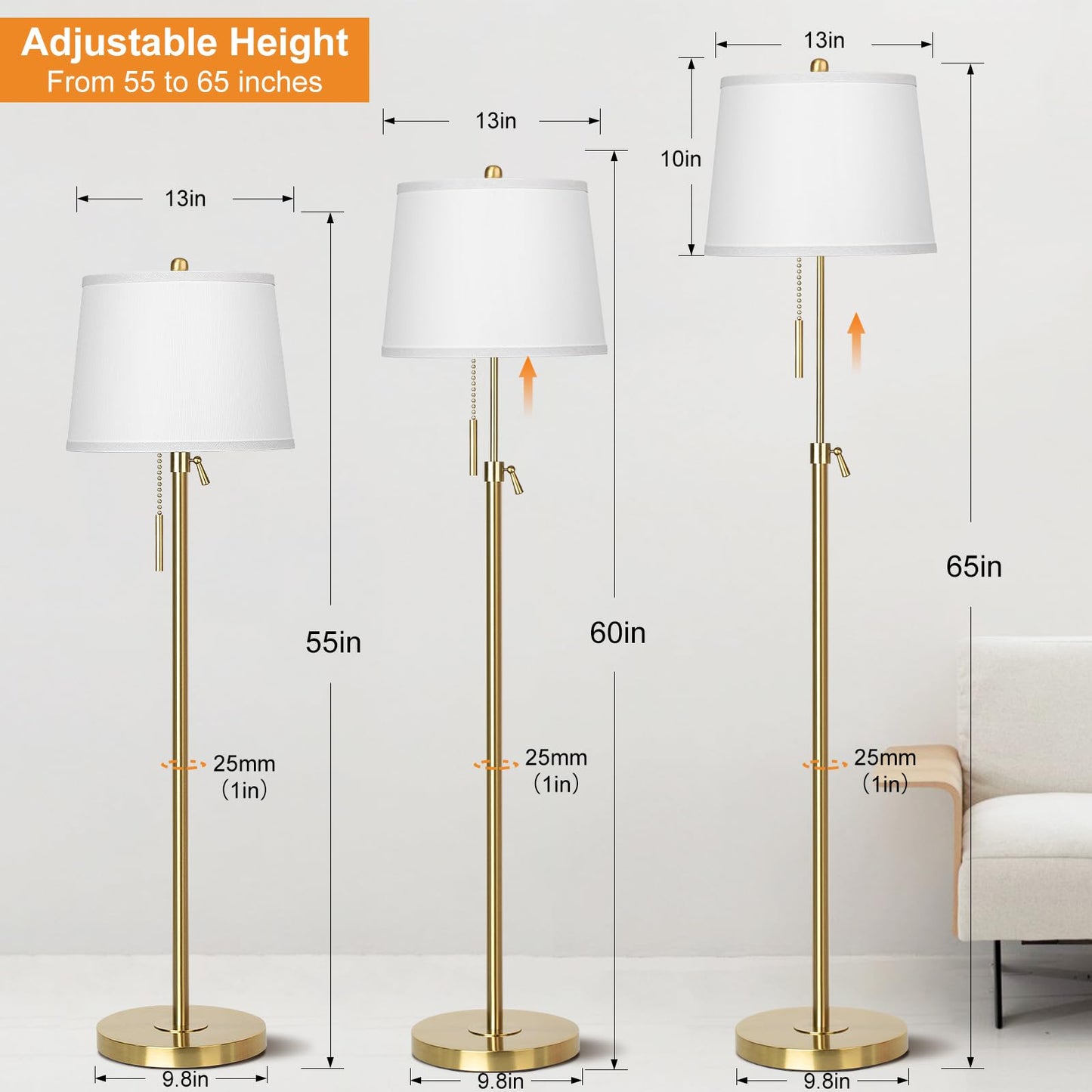 Floor Lamp for Living Room,Adjustable Height Standing Lamp,Dimmable Modern Floor Lamps for Bedroom Office Tall Floor Lights with Pull Chain Bulb Included-Silver Gray Shade