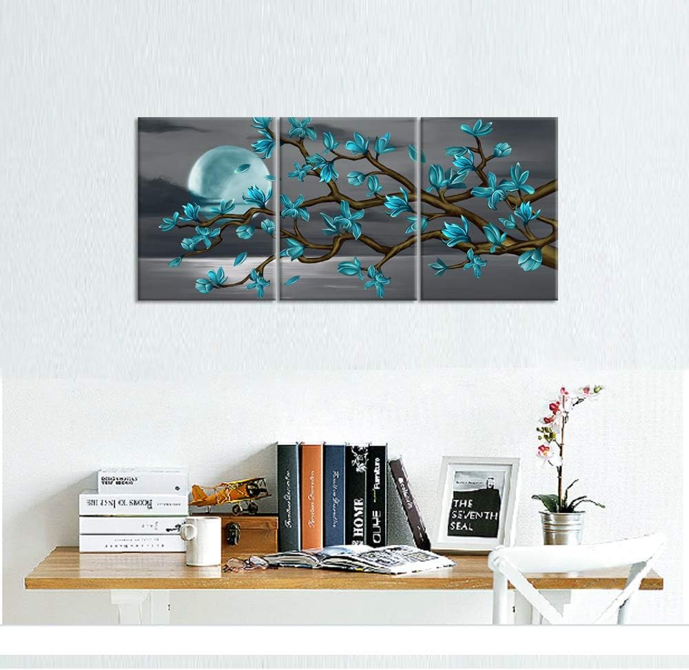 Visual Art Decor Turquoise Flowers Wall Art Teal Magnolia Full Moon Sea Seascape Canvas Prints, Framed Art, Turquoise Bedroom Living Room Home Office Decoration 3 Pieces