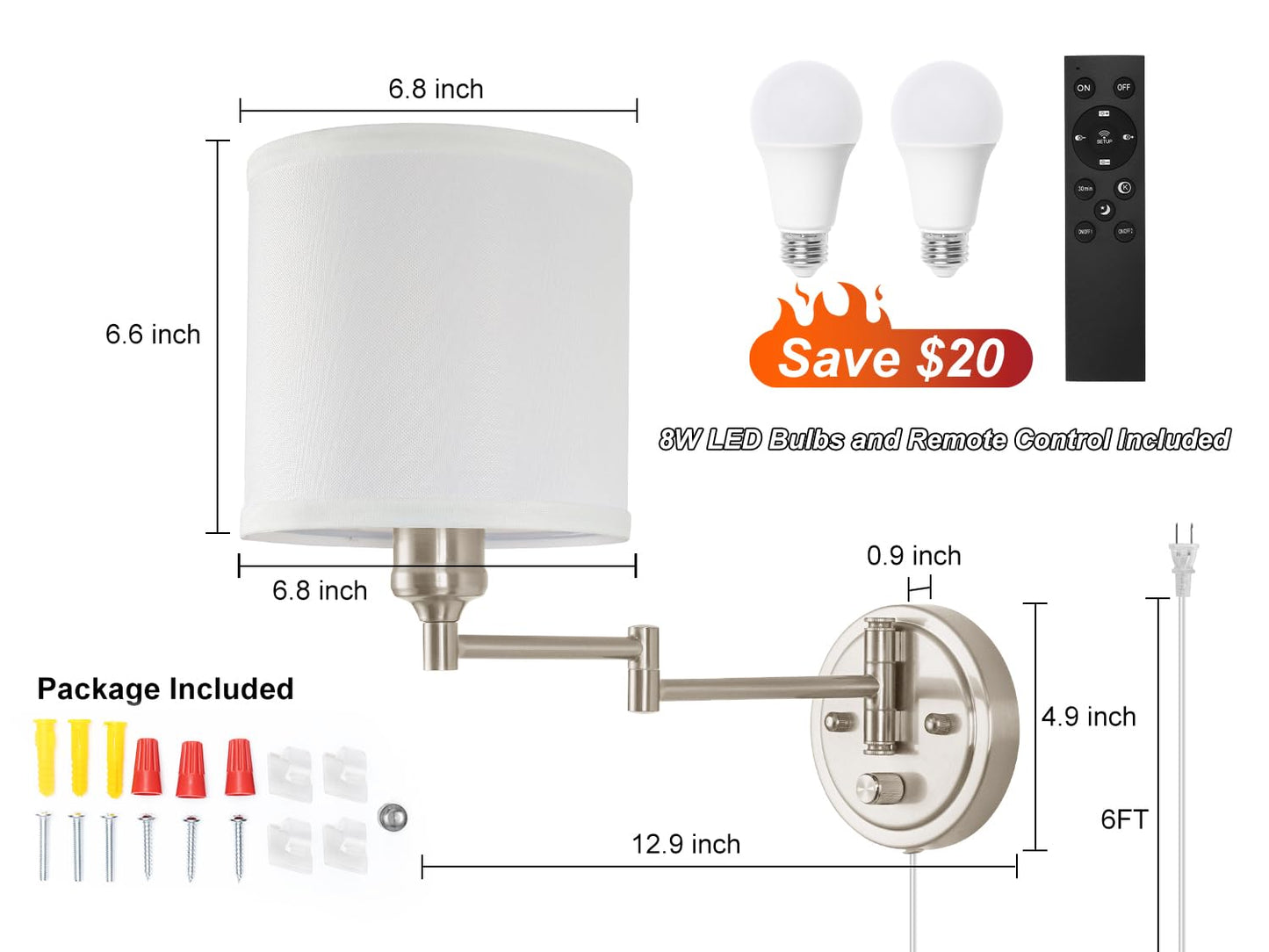 Plug in Wall Sconces with Remote Control, Dimming 10%-100% & Adjustable Colors 2700K-6500K, Hardwire or Plug-in, Swing Arm Wall Lamp with Linen Fabric Shade, Wall Sconces Set of Two, Black Finish