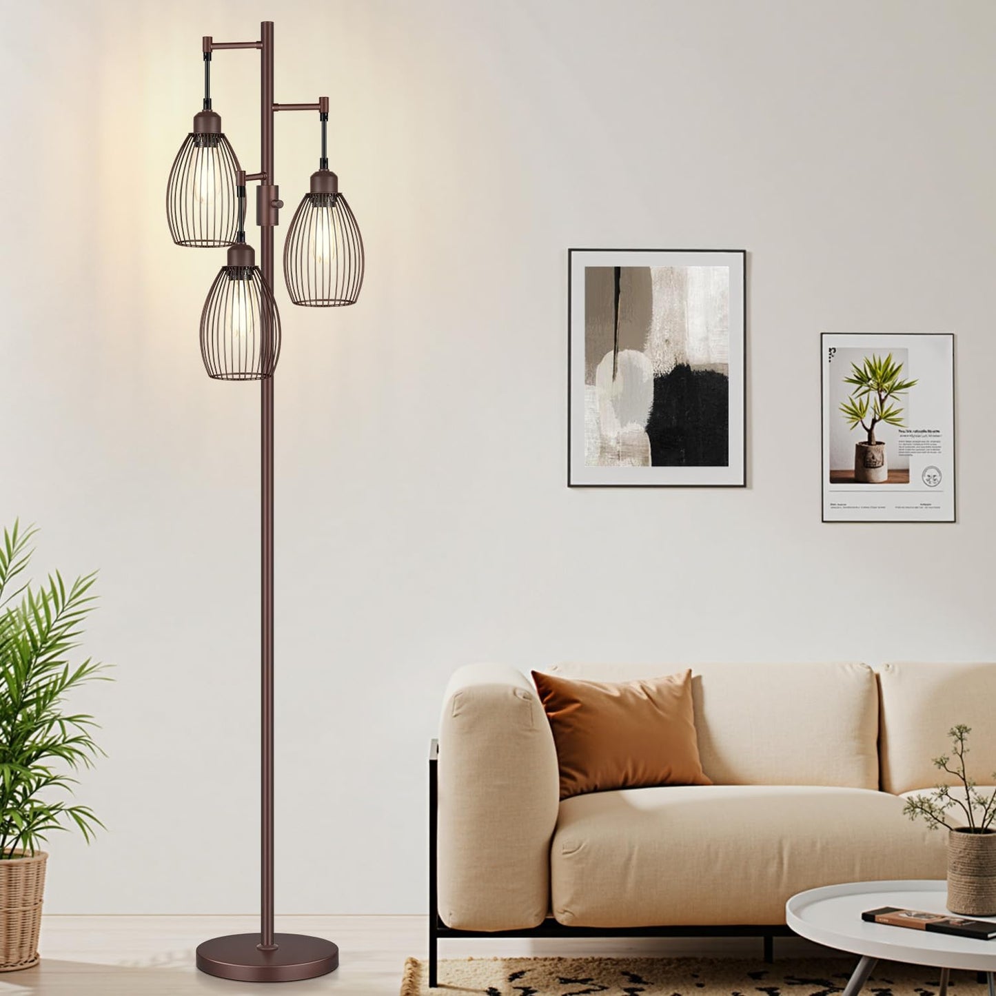 Dimmable Floor Lamp, 3 x 800LM LED Edison Bulbs Included, Farmhouse Industrial Floor Lamp Standing Tree Lamp with Elegant Teardrop Cage Tall Lamps for Living Room Bedroom Office Dining Room-Black
