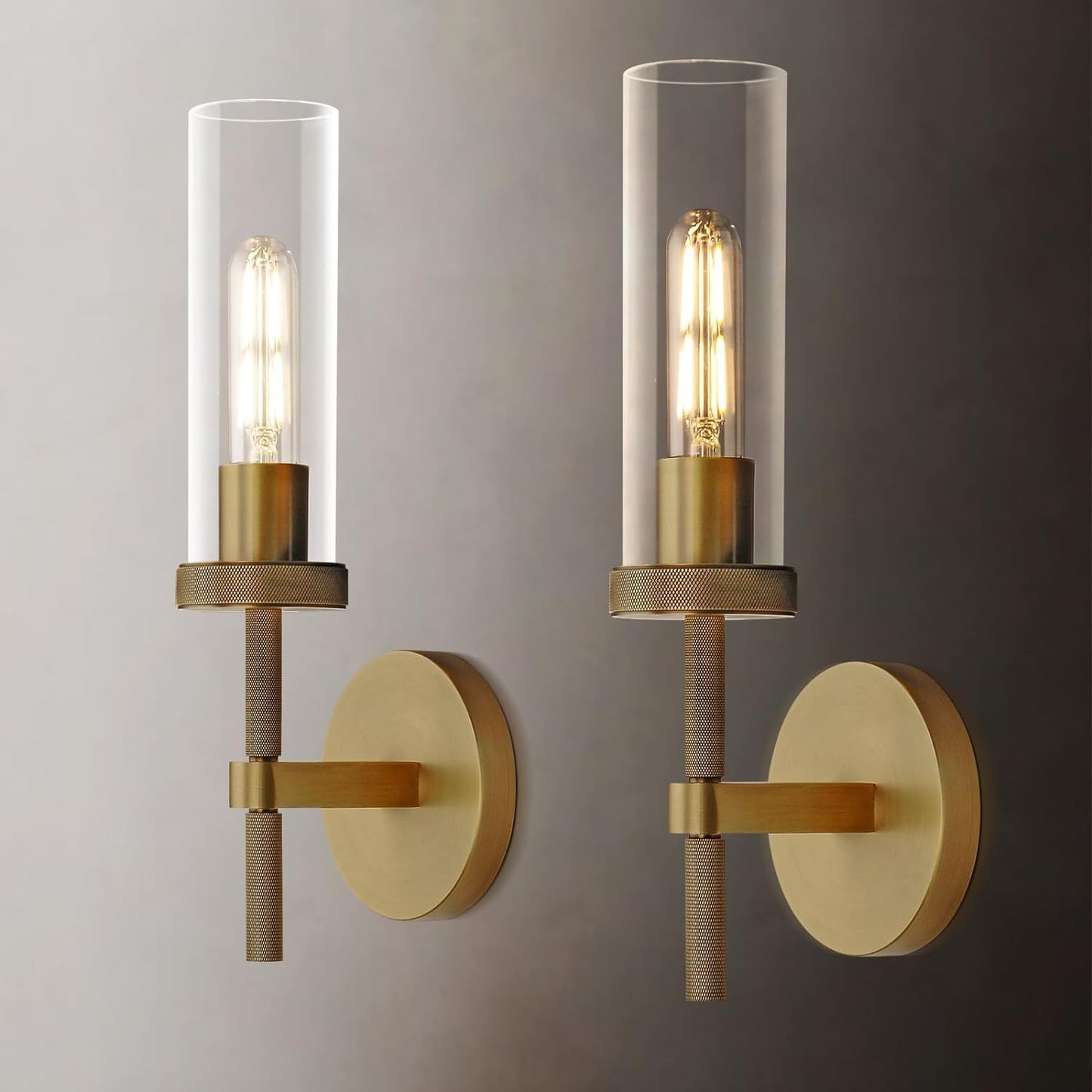 Brass Wall Sconces Set of Two, 19" Knurled Gold Sconces Wall Lighting, Tube Glass Bathroom Sconces Wall Lights for Bedroom Living Room Vanity Sconce Wall Lamp for Hallway, Staircase