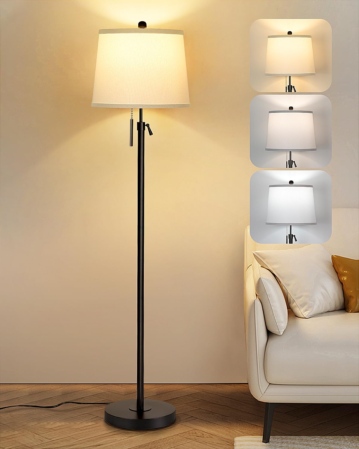 Floor Lamp for Living Room,Adjustable Height Standing Lamp,Dimmable Modern Floor Lamps for Bedroom Office Tall Floor Lights with Pull Chain Bulb Included-Silver Gray Shade