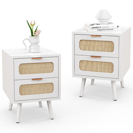HOPUBUY Nightstands Set of 2 with Rattan Drawer, Modern Night Stand for Bedrooms, Wooden 2 Drawer Bedside Table Side Table for Small Place and Bedroom (Brown, 2 Drawers 2 Pack)