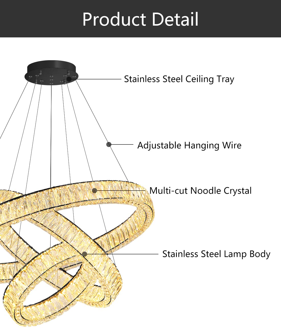 Modern Crystal Chandelier Dimmable LED Ring Pendant Lights Adjustable Glam Chandeliers Lighting Fixtures for Dining Room Living Room Bedroom Silver Light