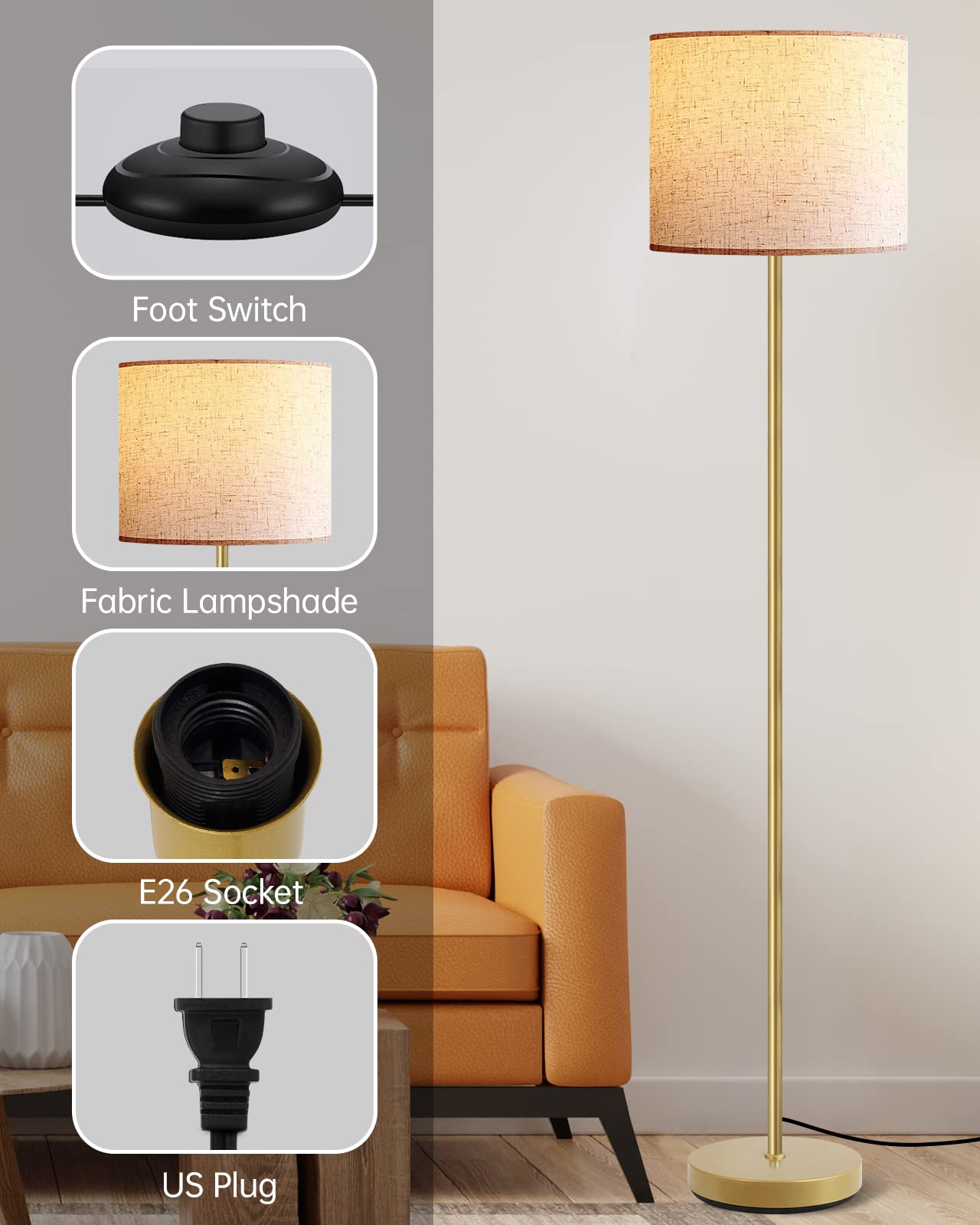 Floor Lamp Black, Standing Lamp, 58" Tall Lamps for Living Room, Simple Pole Lamp with Black Lampshade, On/Off Foot Pedal, Bright Dimming Light for Kids Room Bedroom Office Decor(Without Bulbs)