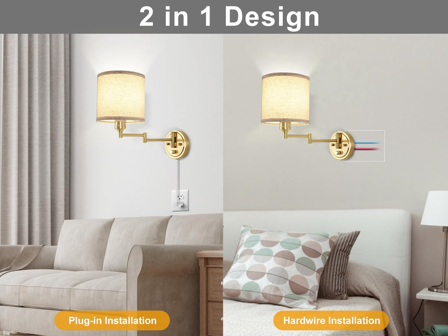 Plug in Wall Sconces with Remote Control, Dimming 10%-100% & Adjustable Colors 2700K-6500K, Hardwire or Plug-in, Swing Arm Wall Lamp with Linen Fabric Shade, Wall Sconces Set of Two, Black Finish
