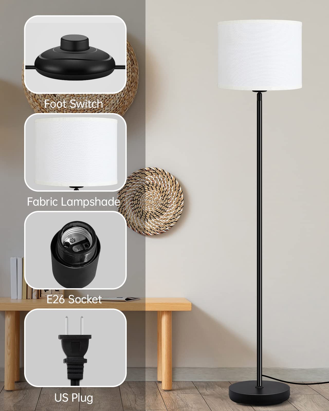 Floor Lamp Black, Standing Lamp, 58" Tall Lamps for Living Room, Simple Pole Lamp with Black Lampshade, On/Off Foot Pedal, Bright Dimming Light for Kids Room Bedroom Office Decor(Without Bulbs)