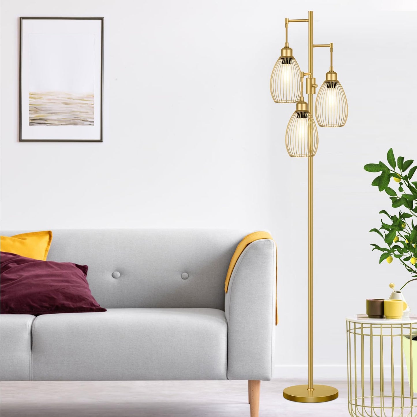 Dimmable Floor Lamp, 3 x 800LM LED Edison Bulbs Included, Farmhouse Industrial Floor Lamp Standing Tree Lamp with Elegant Teardrop Cage Tall Lamps for Living Room Bedroom Office Dining Room-Black