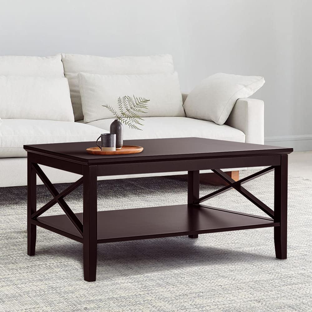 ChooChoo White Coffee Table Classic X Design for Living Room, Rectangular Modern Cocktail Table with Storage Shelf, 39 Inch