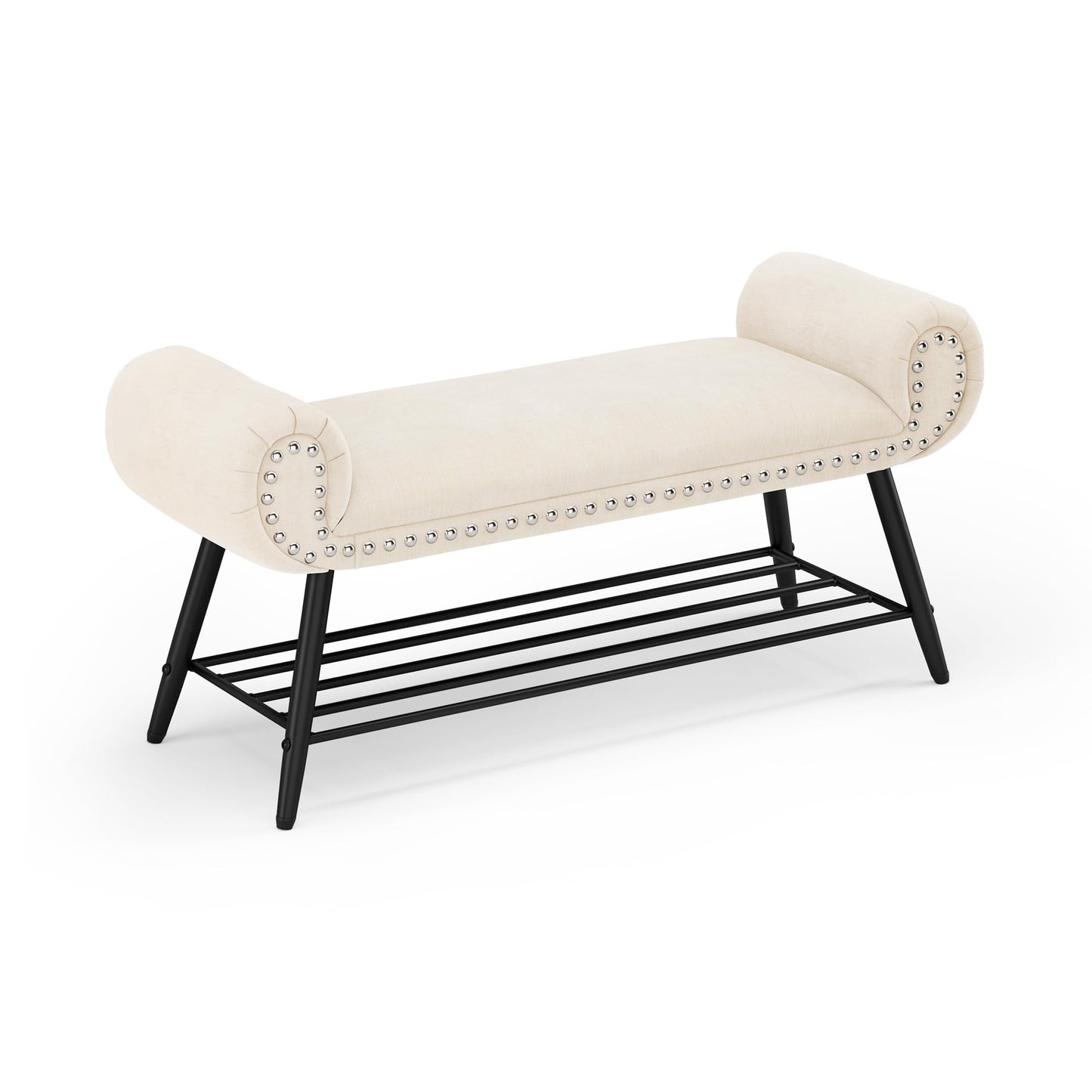 LUE BONA 45.3" End of Bed Bench, Modern Bedroom Leather Upholstered Shoe Benches, Ottoman with Stable Metal Frame and Solid Shelf for Bedroom, entryway, Living Room，Foyer, 330LB, Brown