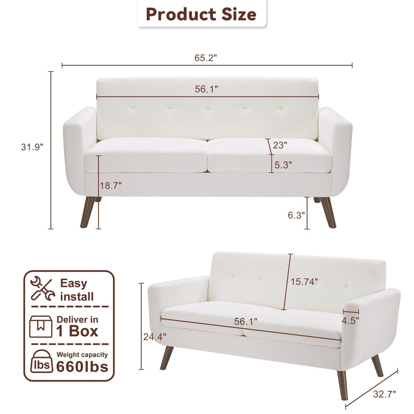 Tbfit 65" W Loveseat Sofa, Mid Century Modern Love Seat Couches for Living Room, Button Tufted Upholstered Small Couch for Bedroom, Solid and Easy to Install Love Seats Furniture, Grey