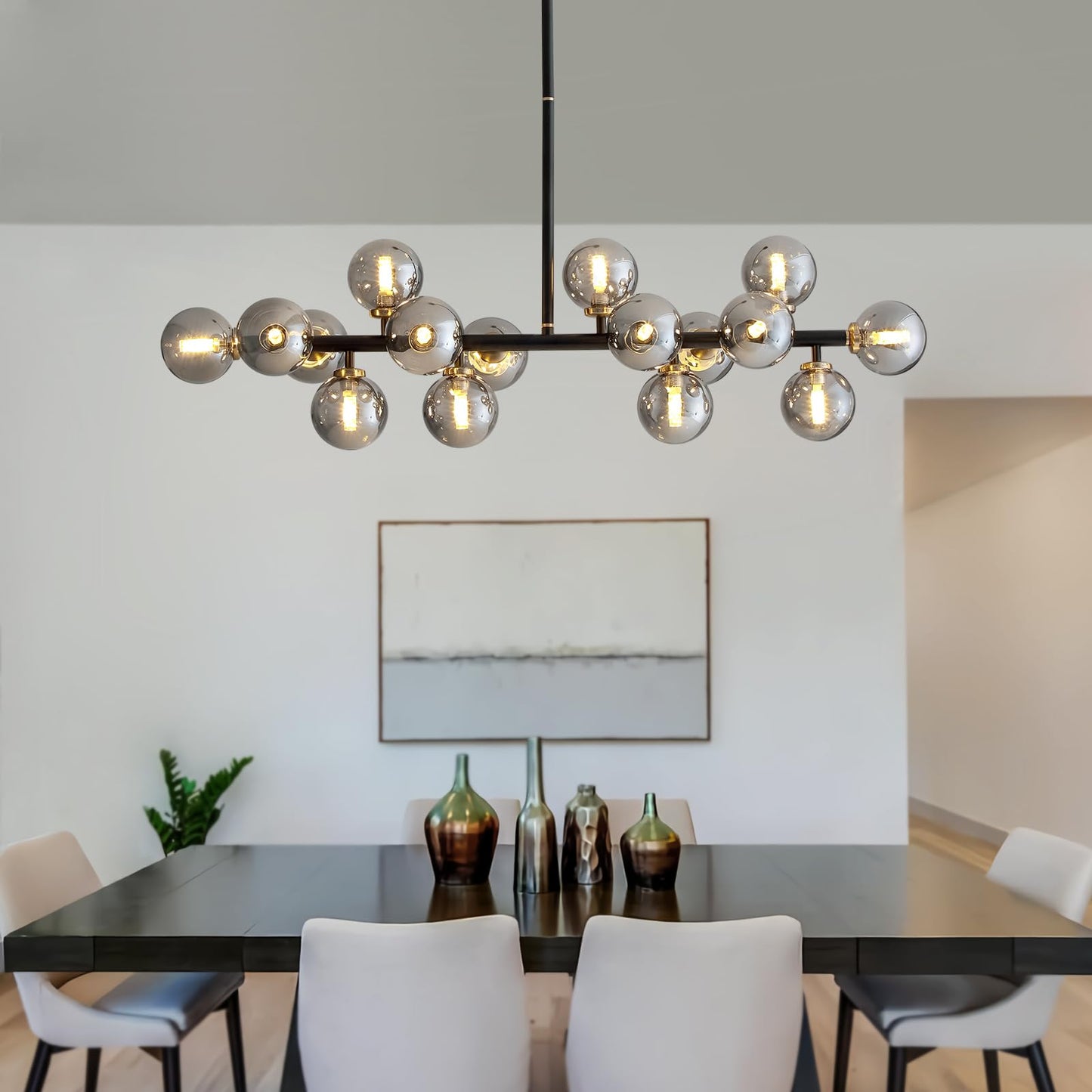 CROSSIO Modern Linear Chandeliers Black 16 Lights Pendant Light Fixtures Bubble Glass Chandelier Mid Century Sputnik Chandelier for Kitchen Island Dining Room