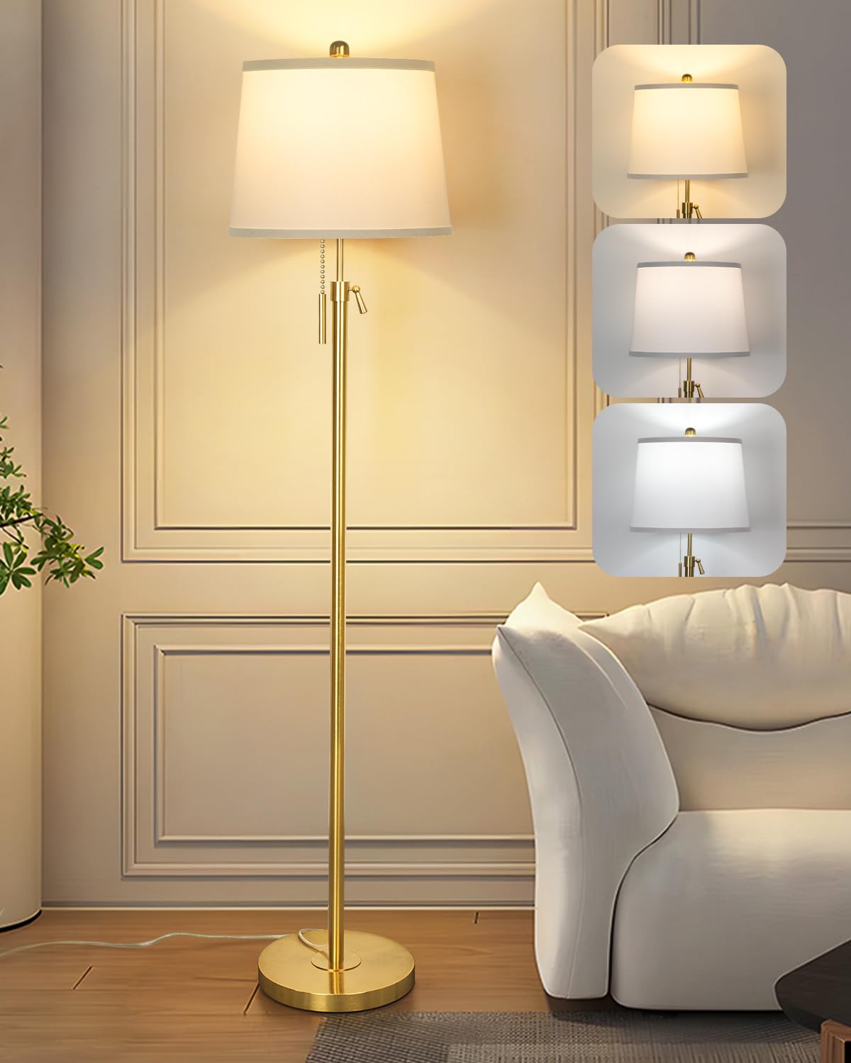 Floor Lamp for Living Room,Adjustable Height Standing Lamp,Dimmable Modern Floor Lamps for Bedroom Office Tall Floor Lights with Pull Chain Bulb Included-Silver Gray Shade