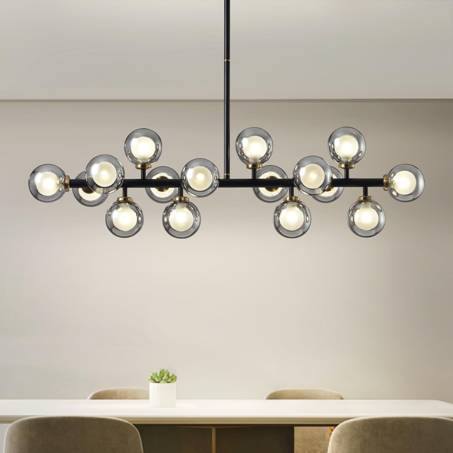 CROSSIO Modern Linear Chandeliers Black 16 Lights Pendant Light Fixtures Bubble Glass Chandelier Mid Century Sputnik Chandelier for Kitchen Island Dining Room