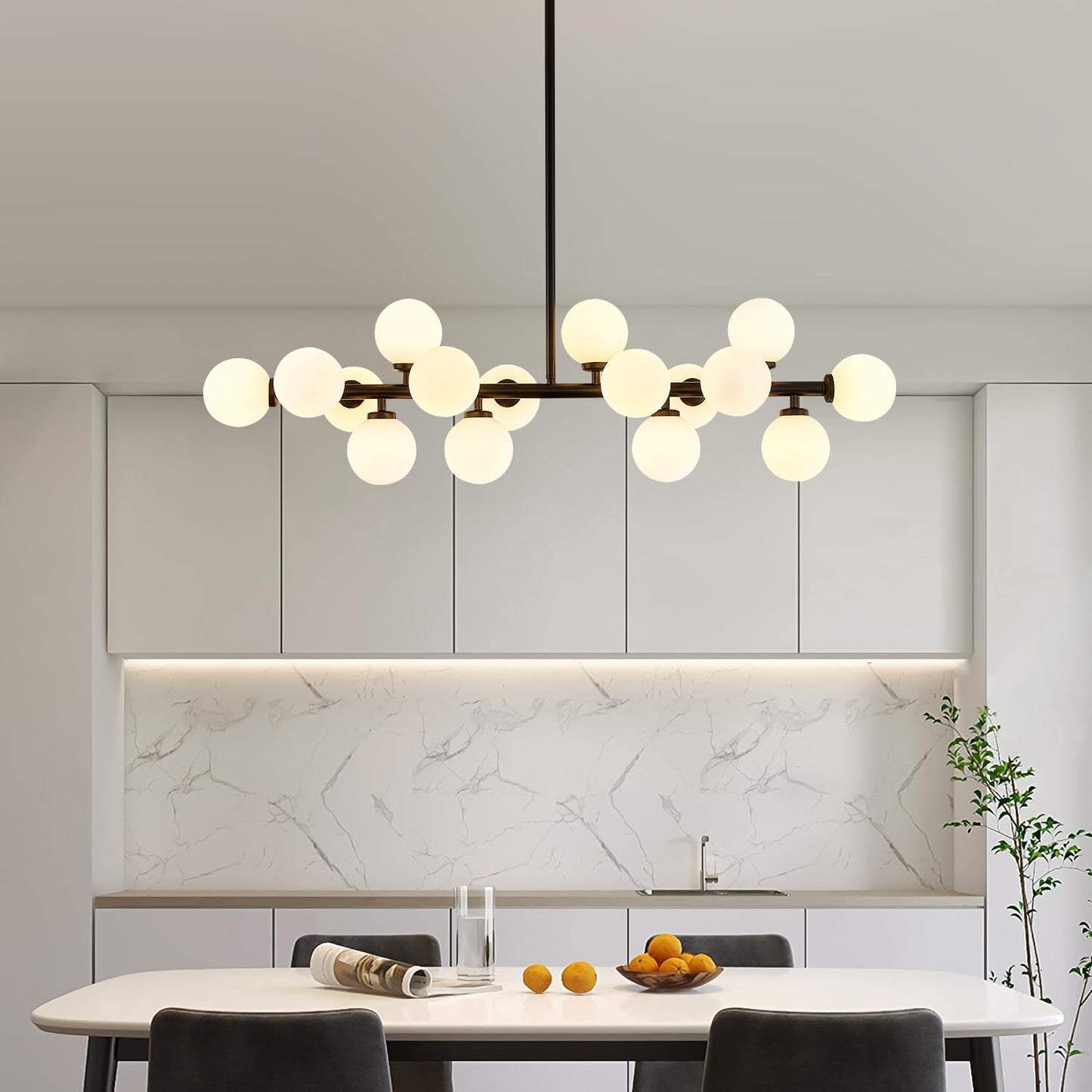 CROSSIO Modern Linear Chandeliers Black 16 Lights Pendant Light Fixtures Bubble Glass Chandelier Mid Century Sputnik Chandelier for Kitchen Island Dining Room