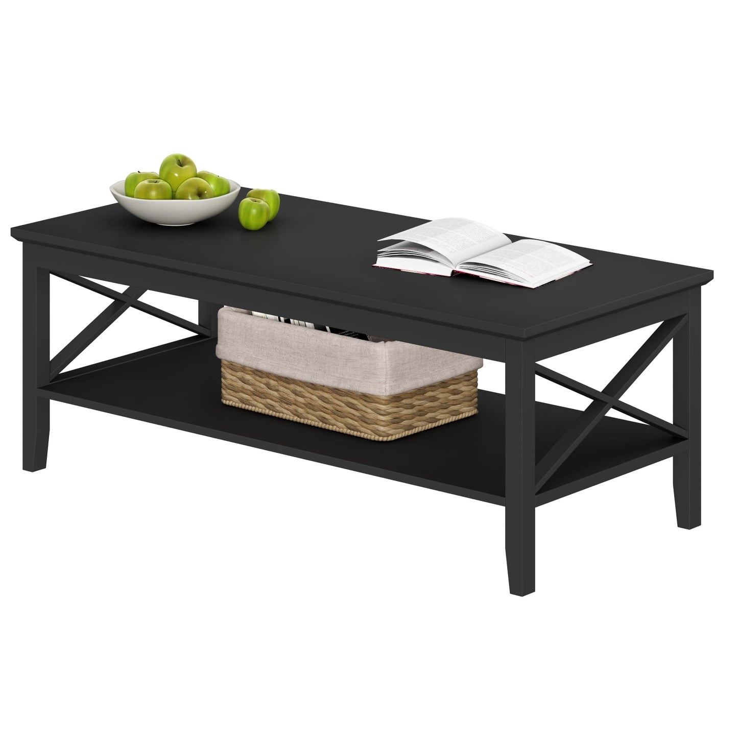 ChooChoo White Coffee Table Classic X Design for Living Room, Rectangular Modern Cocktail Table with Storage Shelf, 39 Inch