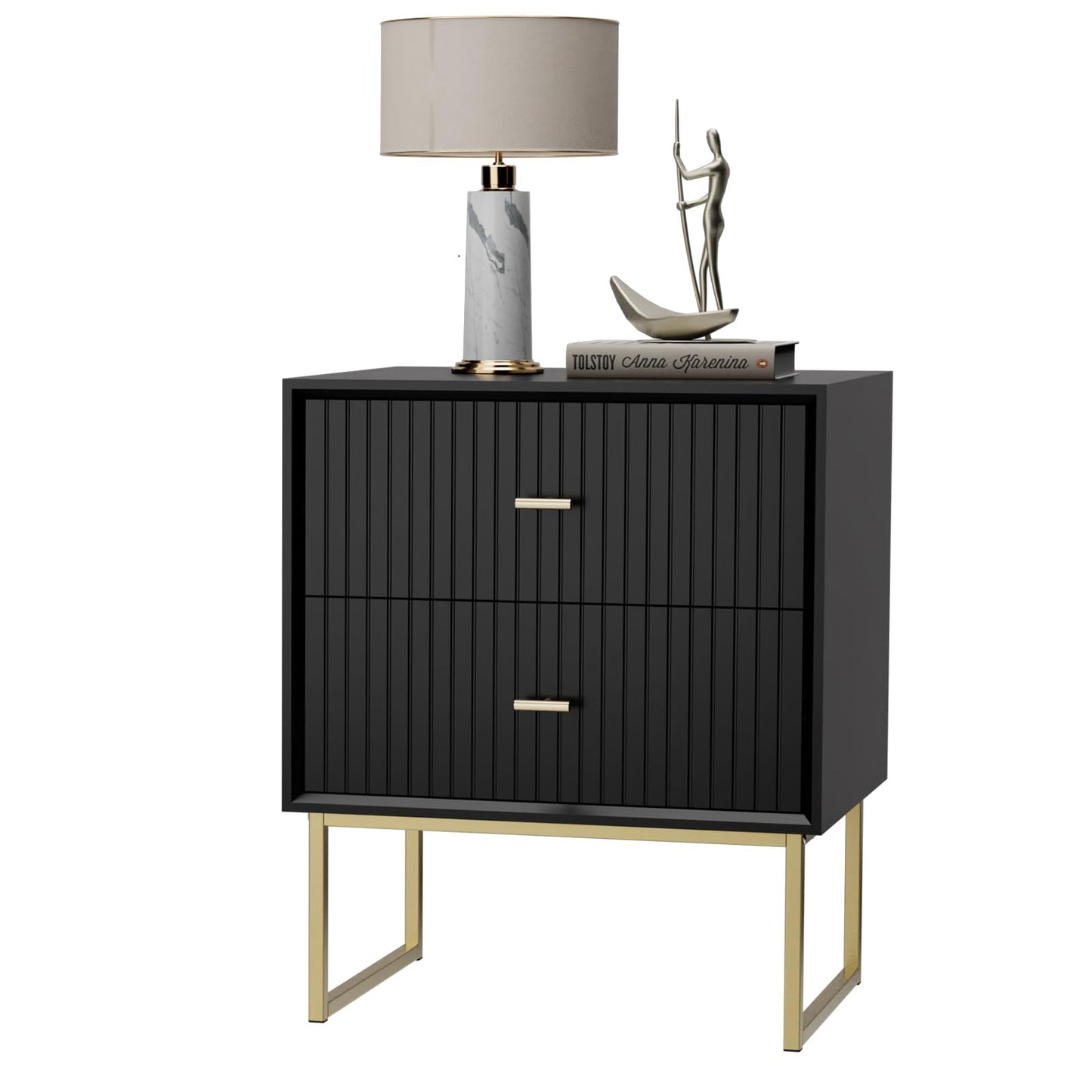 UEV Navy Blue Nightstand Set of 2,Modern Grooved Stripes Bed Side Table with 2 Drawers,Wood End Table with Golden Metal Handles and Pedestal Frame for Bedroom Living Room