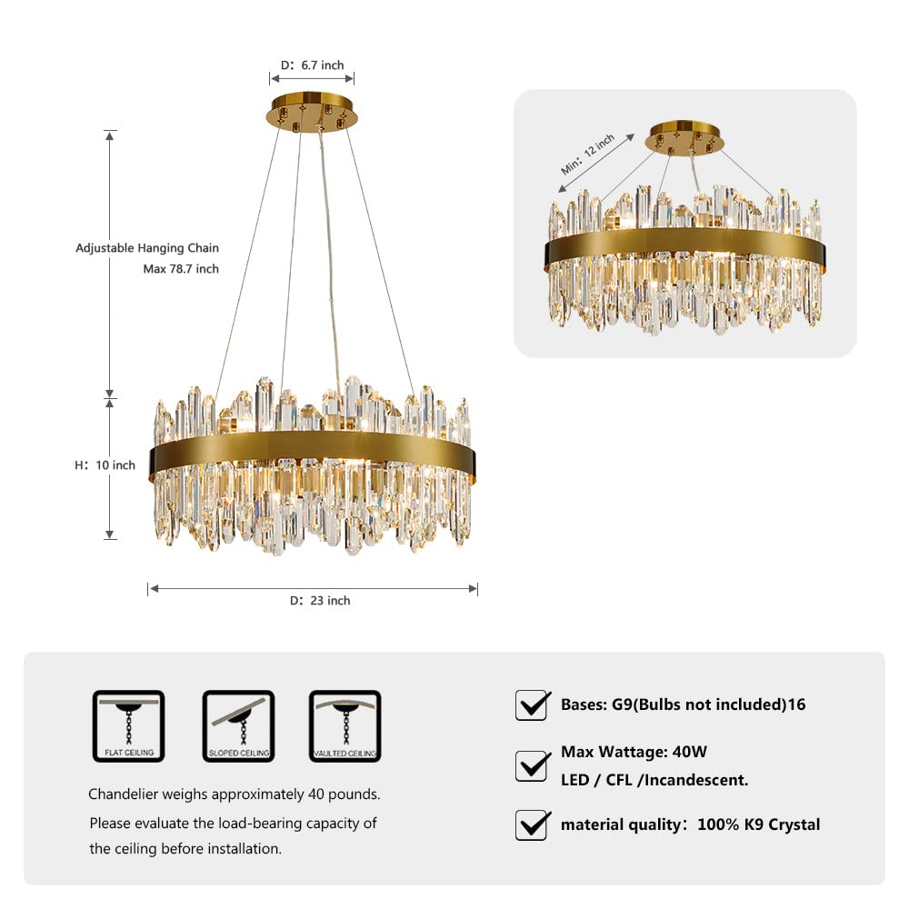 Gold Modern Oval Crystal Chandelier, 16-Lights Luxury Chandeliers Modern 2-Tiers K9 Crystal Chandelier Pendant, Light Fixture G9 Lights for Dining Living Room Entryway Kitchen Dia 23 inch