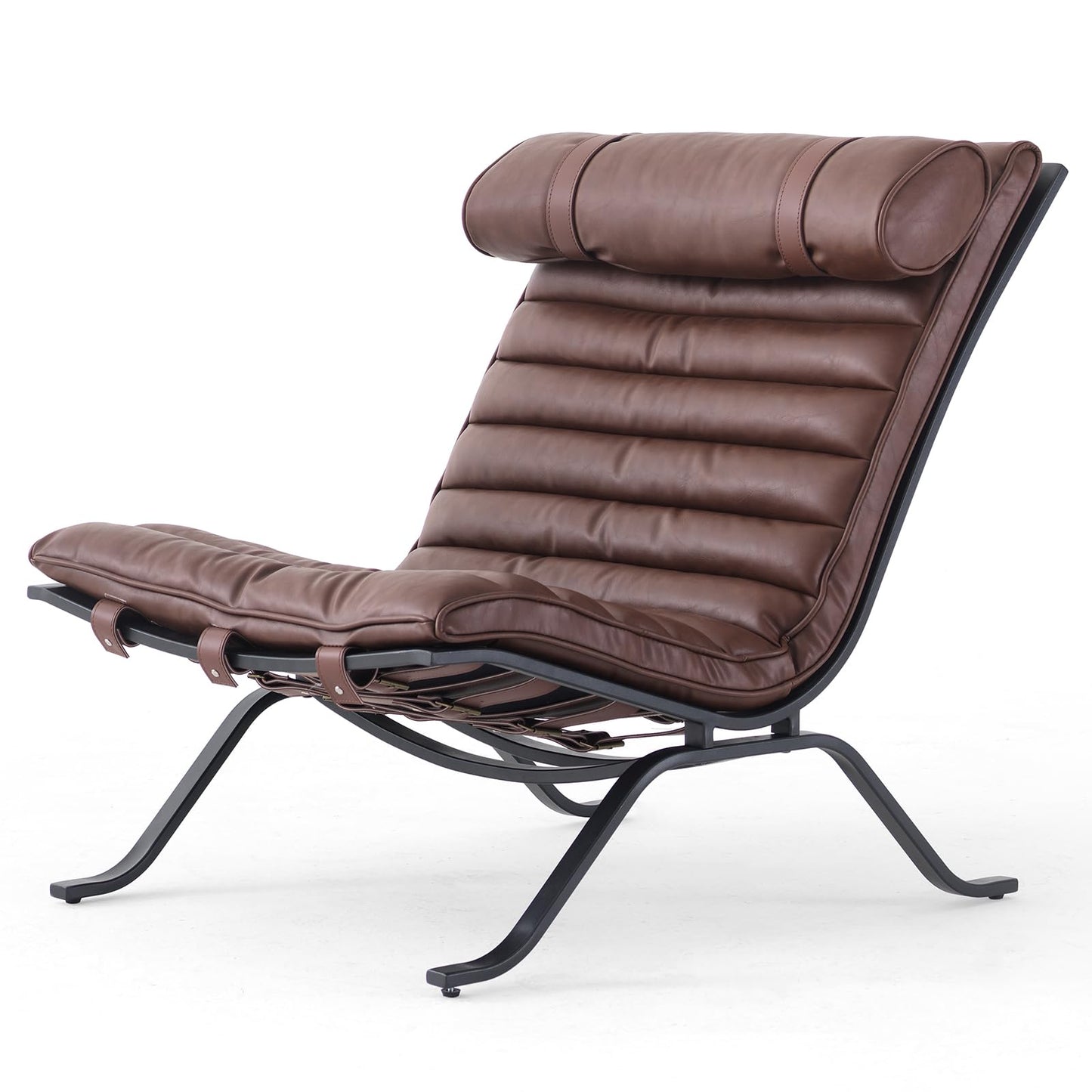 Leather Upholstered Armless Chair Modern Design Lounge Chair with Metal Frame and Headrest Cushion Comfortable Suitable for Living Room Bedroom Office (Dark Brown)